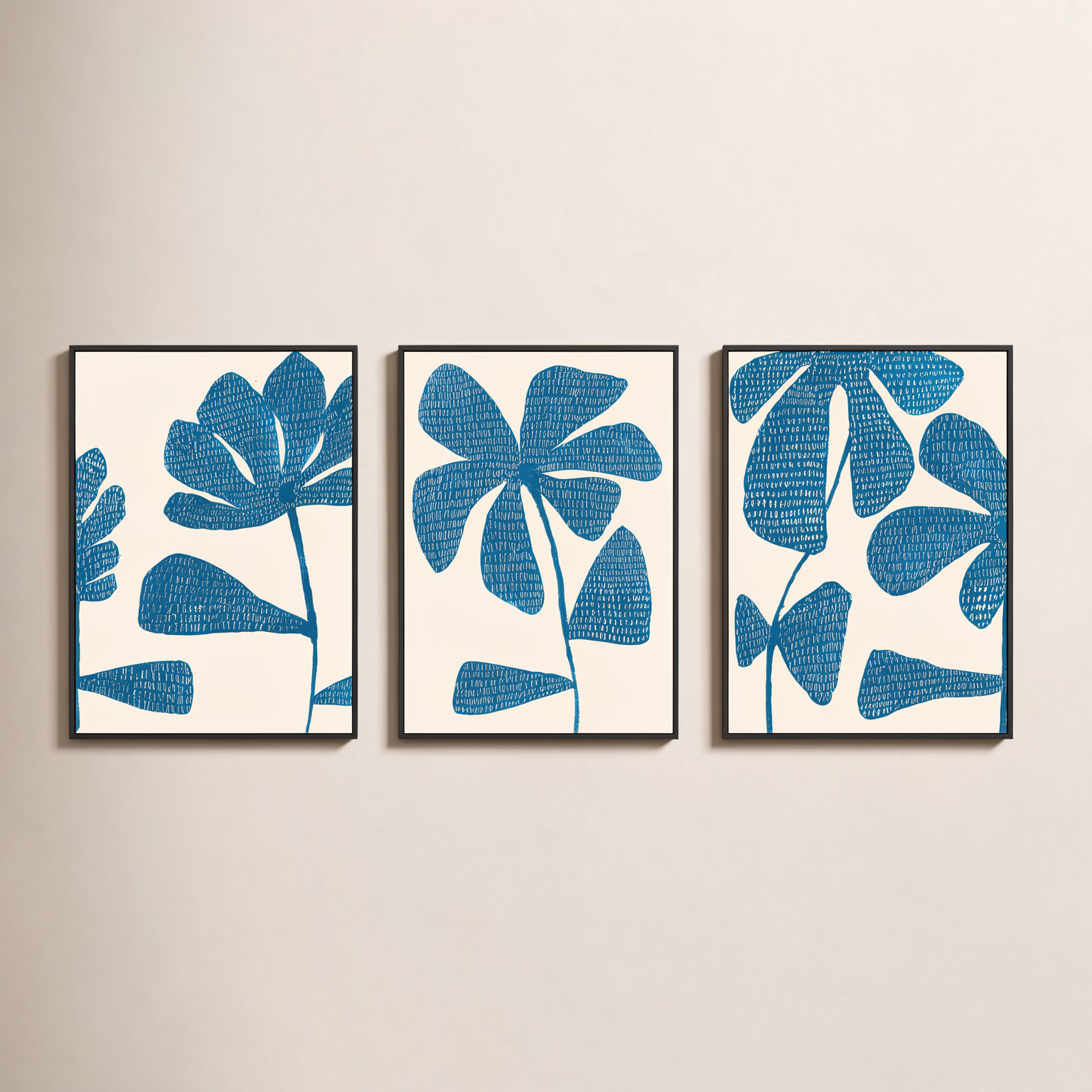 Ceramic Blue 1-3 3-Piece Print Set, Black Picture Framed Canvas, 38" H x 26.5" W