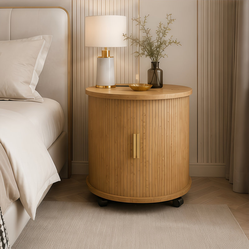 23.62'' Mid-Century Modern Round Nightstand with Charging Station, Wood Color Finish Cylinder Side Table with Sliding Door and Storage