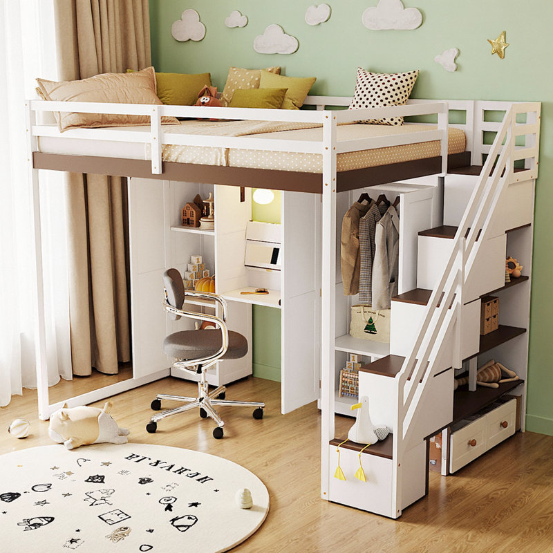 Lit mezzanine double avec escalier de rangement, bureau d'étude intégré, garde-robe et éclairage intelligent - économiseur d'espace tout-en-un pour les enfants et les adolescents