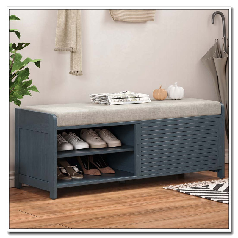 Distressed Shutter Storage Bench with Cushion and Sliding Door, Navy Blue