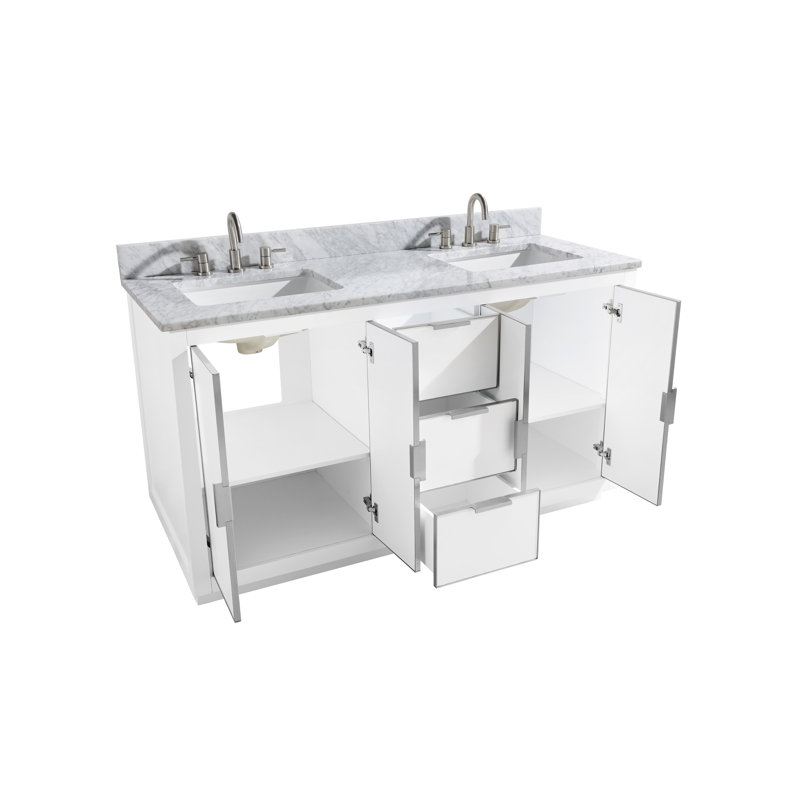Meuble-lavabo double 61 po Salise, Marbre blanc de Carrare / argent, Blanc