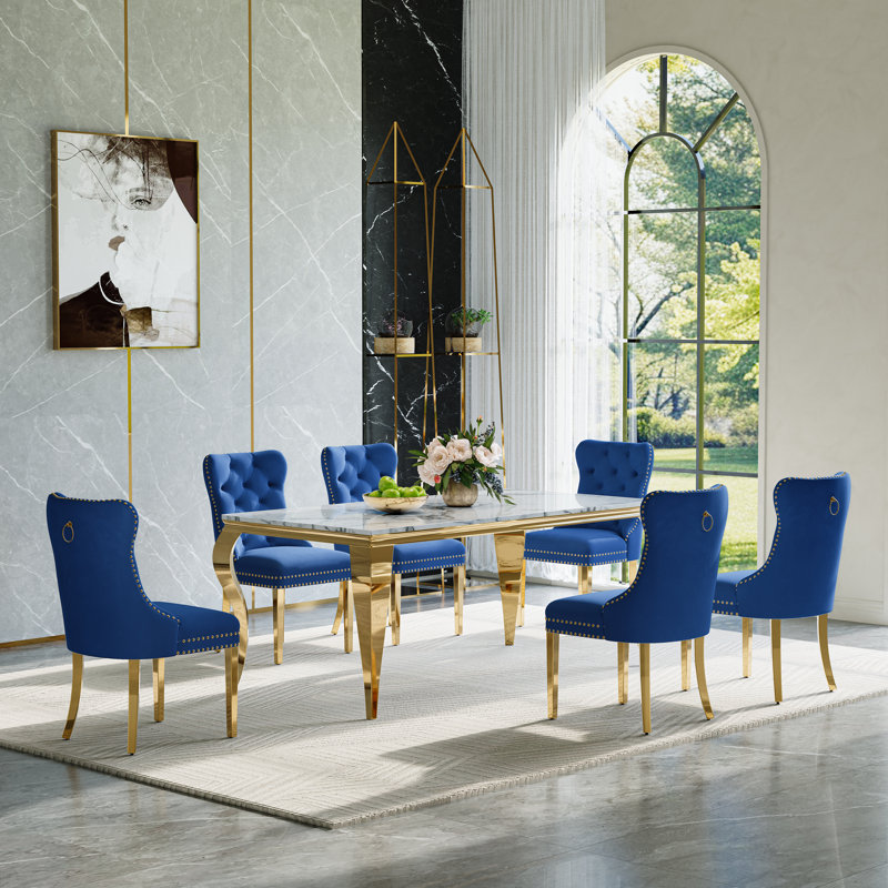 7-Piece Dining Table Set, Marble Veneer MDF Dining Table, With 6 Velvet Dining Chairs, Gold, Blue/Gold