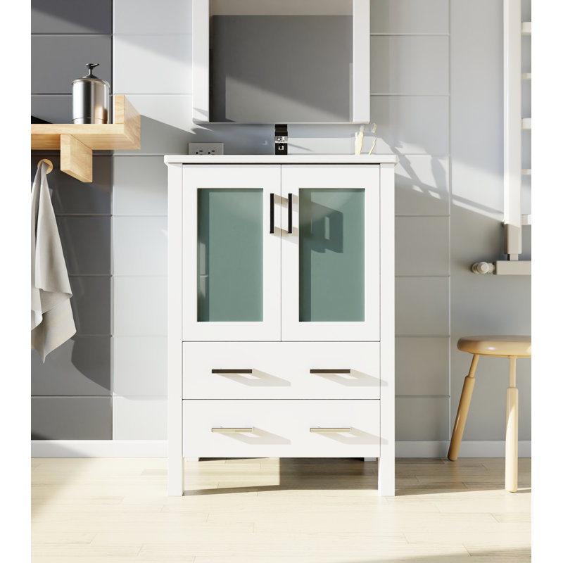 Volez 24 in W x 18.25 in D Single Bath Vanity, White Ceramic Top and Chrome Faucet Set, White