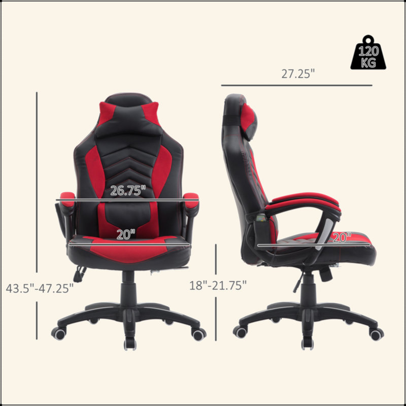 Fauteuil de jeu pour ordinateur à 6 modes de massage vibrant à 5 points, rouge et noir