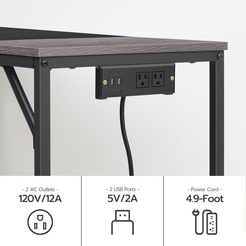 Computer Desk, Home Office Desk With Power Outlet, Modern Study Writing Desk With 3 Hooks For Study Room, Home Office, Sturdy And Stable, Easy To Assemble, Charcoal Gray And Black
