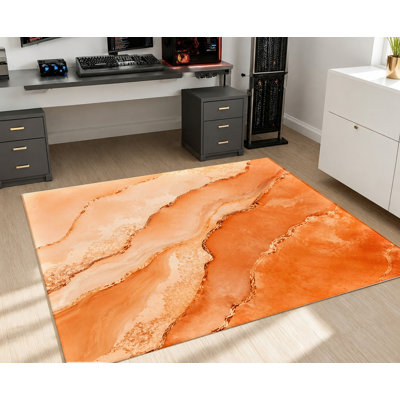 Tapis décoratif en velours antidérapant à motif abstrait marbré orange et or, idéal pour le salon, la chambre à coucher, le bureau, la salle à manger, le corridor ou un appartement.