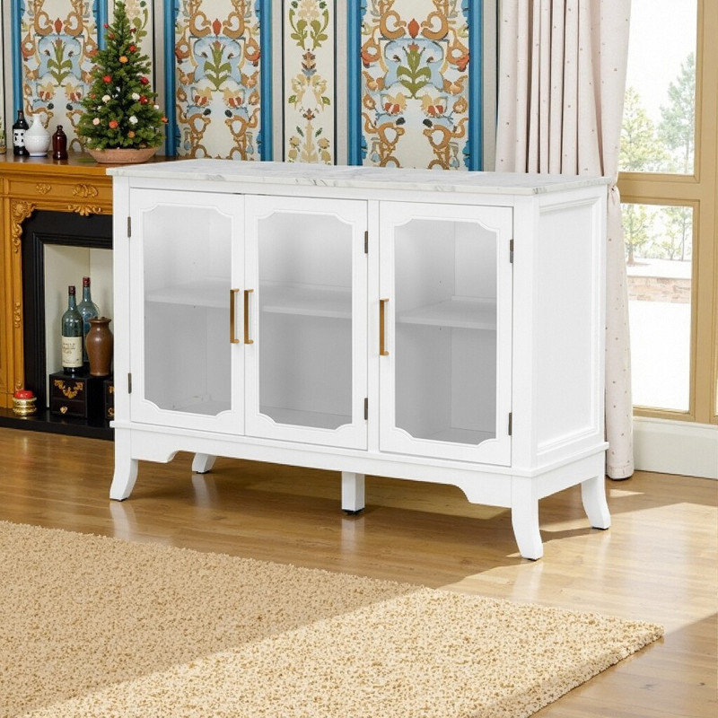 Solid Pine Wood Entryway Storage Buffet Cabinet With Glass Doors, 3 Doors Adjustable Shelves, White