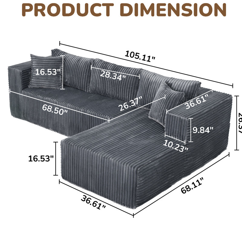 105" L-Shaped Modular With Structure, Upholstery, Left Chaise, Space For Apartment Living, Gray 4 , Cloud-Like Comfort, Odor-, Compression Construction, Design Small Spaces, Zero Poke Risk, , Easy To