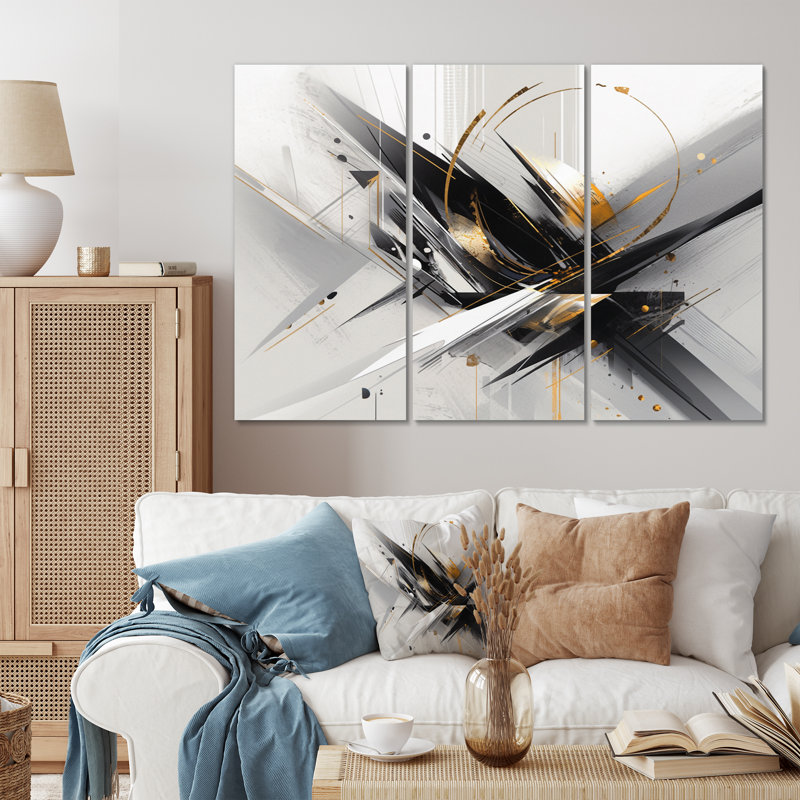 Ensemble de reproductions de toiles cubiques noires et or à multiples facettes III, H 32 po x l 48 po x P 1 po