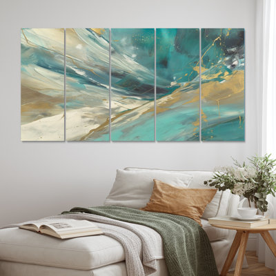 Turquoise Serendipity Abstract Painting - Abstract Canvas Print - 5 Equal Panels