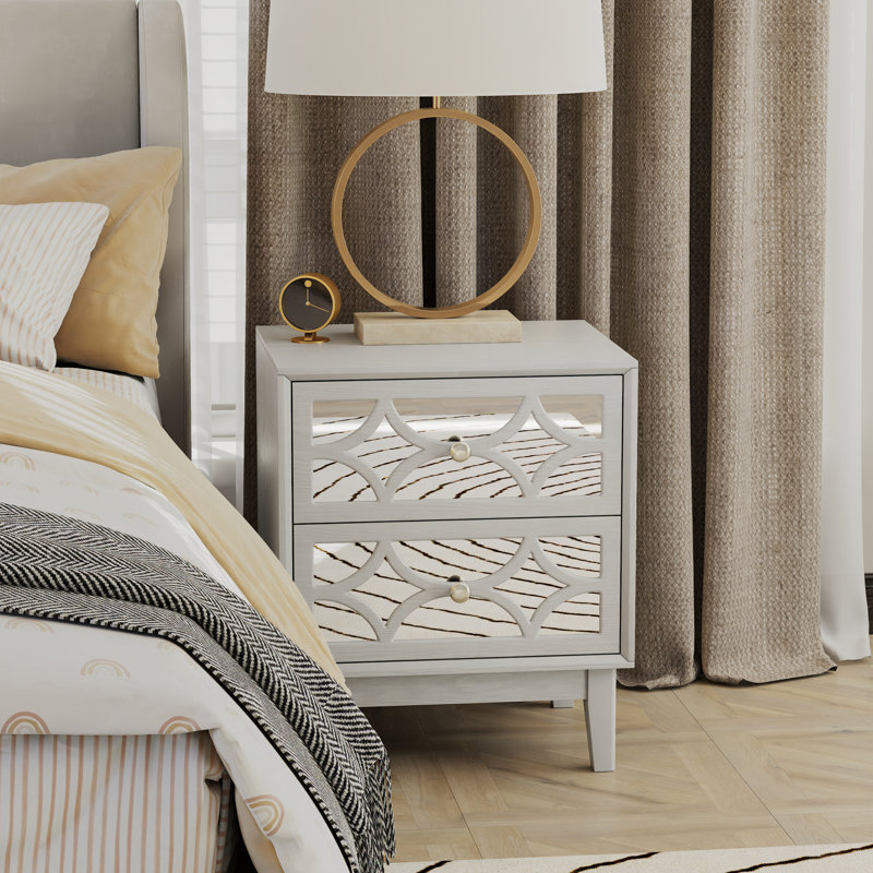 Table de chevet moderne à 2 tiroirs avec façades en miroir gris clair Modern, Gris