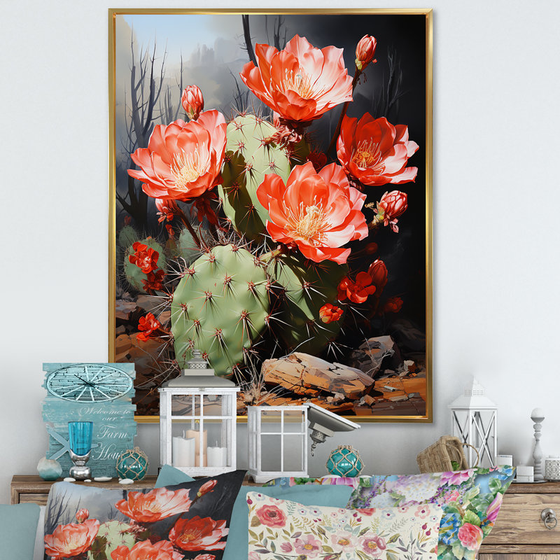 Cactus Ruby Blooms - décoration murale cactus, H 20 po x l 12 po x P 1 po, Cadre flottant doré