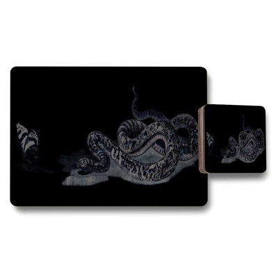 Snake Print Placemats And Coaster Set In Deep Black Finish