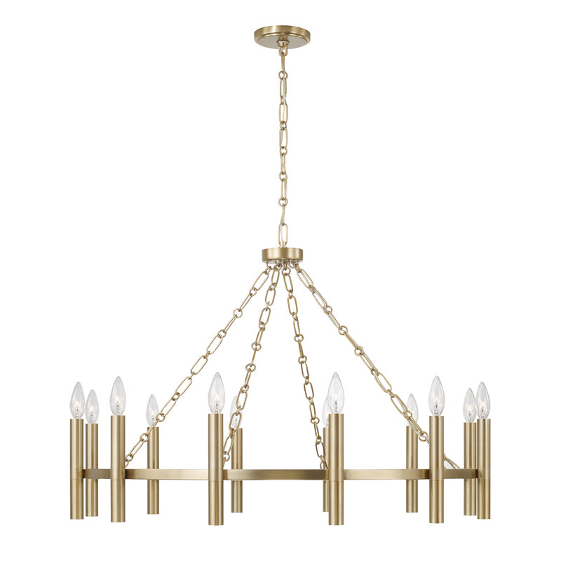 35" W x 24" H 10-Light Ring Chandelier in Matte Brass with Cylindrical Candlesticks and Specialty Decorative Designer Chain