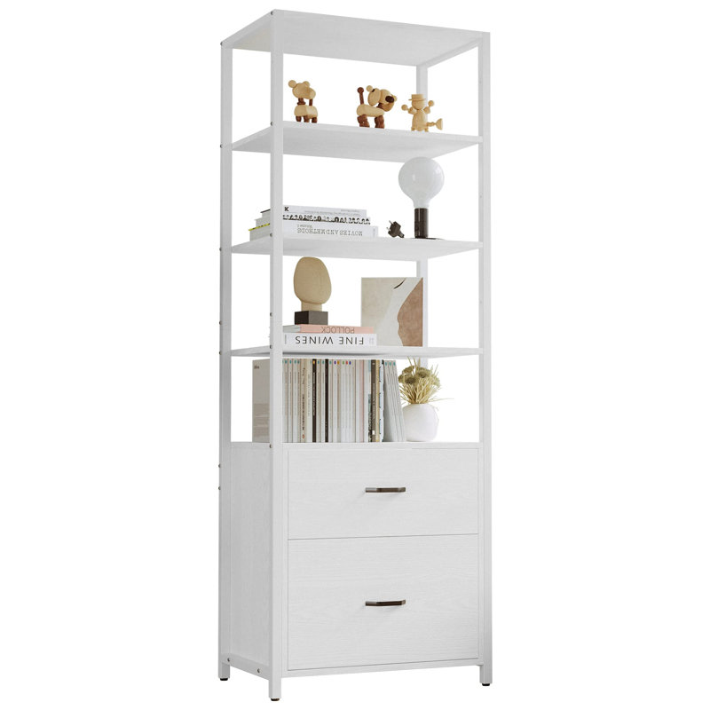 71.6 Inch High Bookshelf 5 Shelves Industrial Bookcase with File Cabinet Drawers, White
