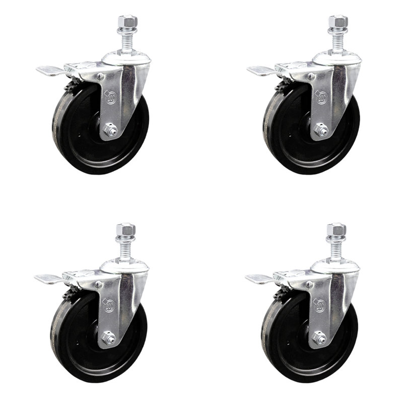 Ensemble de roulettes à tige filetée pivotante 5 pouces 5 mm avec frein Total Lock