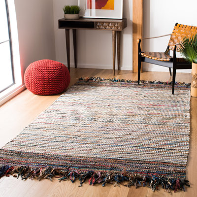 Exley Vintage Leather Hand Woven Leather Cotton/Jute Striped Rug in Brown
