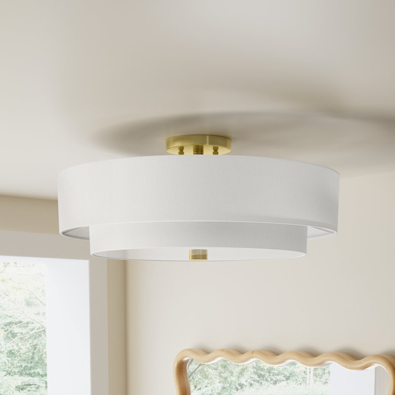 Flaire Linen Blend Semi Flush Mount, Off-White, Satin Brass