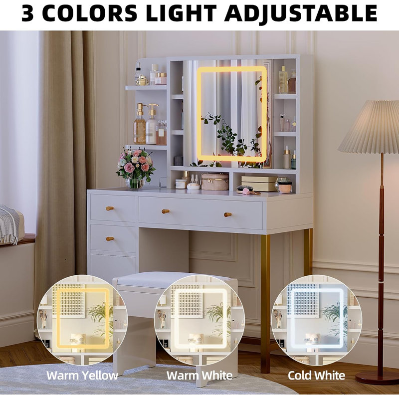 Vanity Desk with LED Lighted Mirror and Power Outlet Large Dressing Makeup Table Vanity Table with Storage Drawers for Bedroom, 3 Lighting Modes, Brightness Adjustable