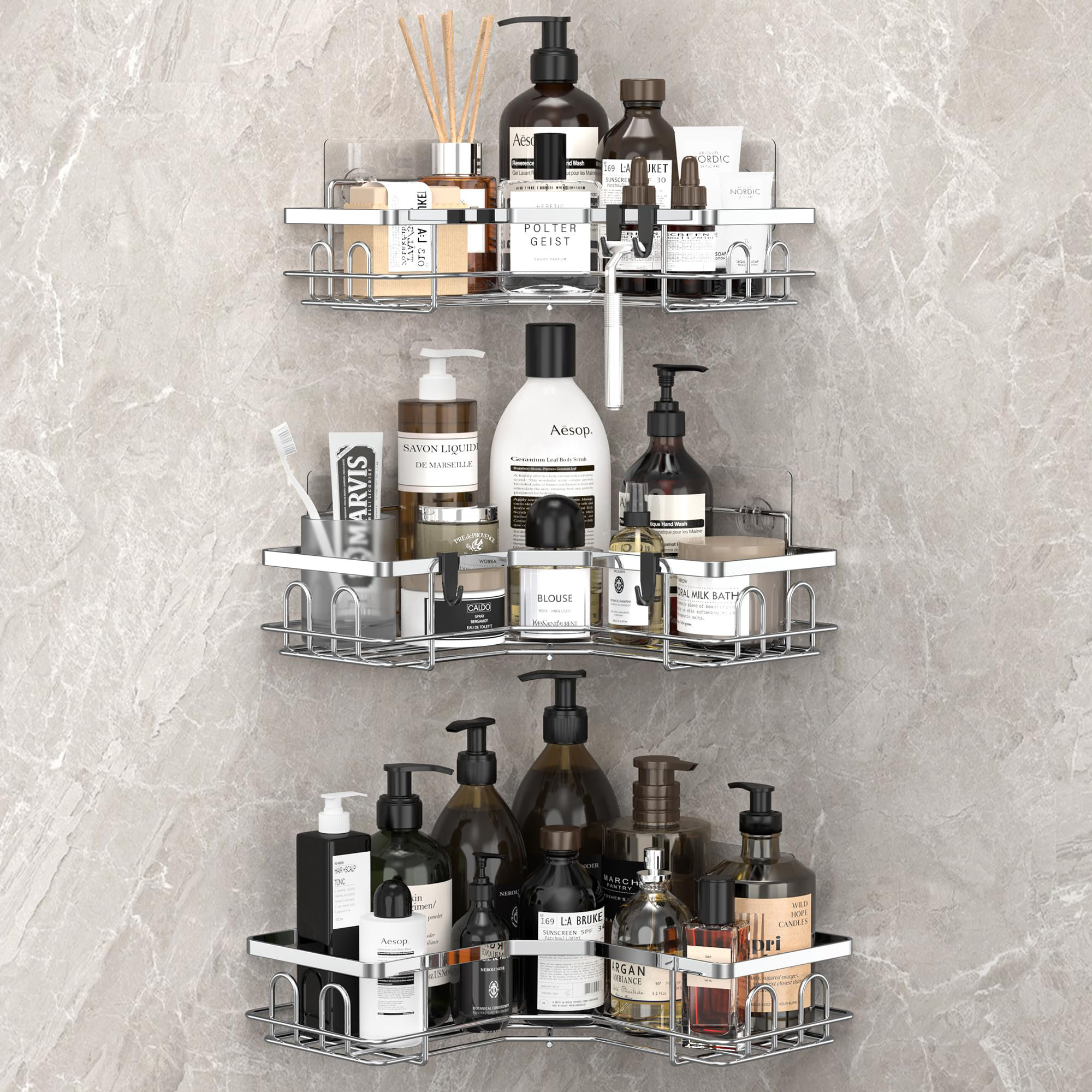 Rebrilliant 3 Pack Corner Storage Rack With Hooks Bathroom Shelf Storage Organizer | Wayfair