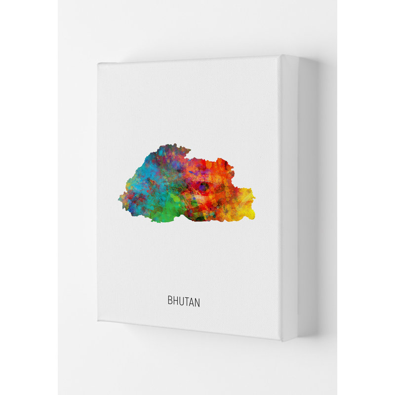 Bhutan Watercolour Map by Michael Tompsett - 1 Piece Wall Art, 29.7cm H x 21cm W x 4cm D, Wrapped Canvas