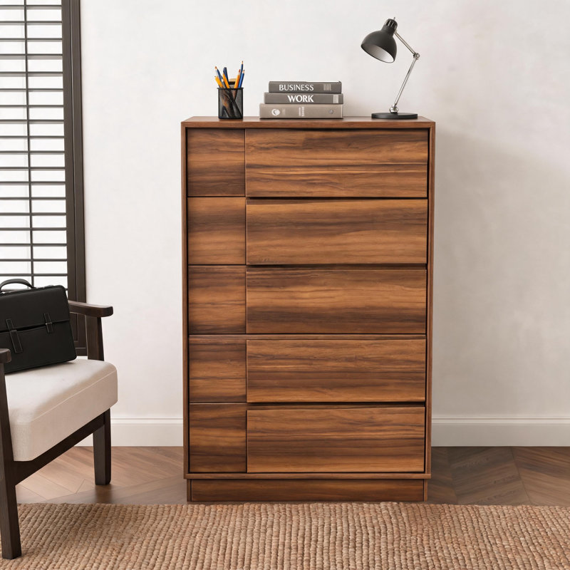 Contemporary Walnut Effect Tall Drawer Cabinet, 5 Drawer Wooden Bedroom Dresser with Minimalist Handleless Design, Compact Vertical Storage Unit for Bedroom, Living Room, Hallway or Guest Room, 110cm High
