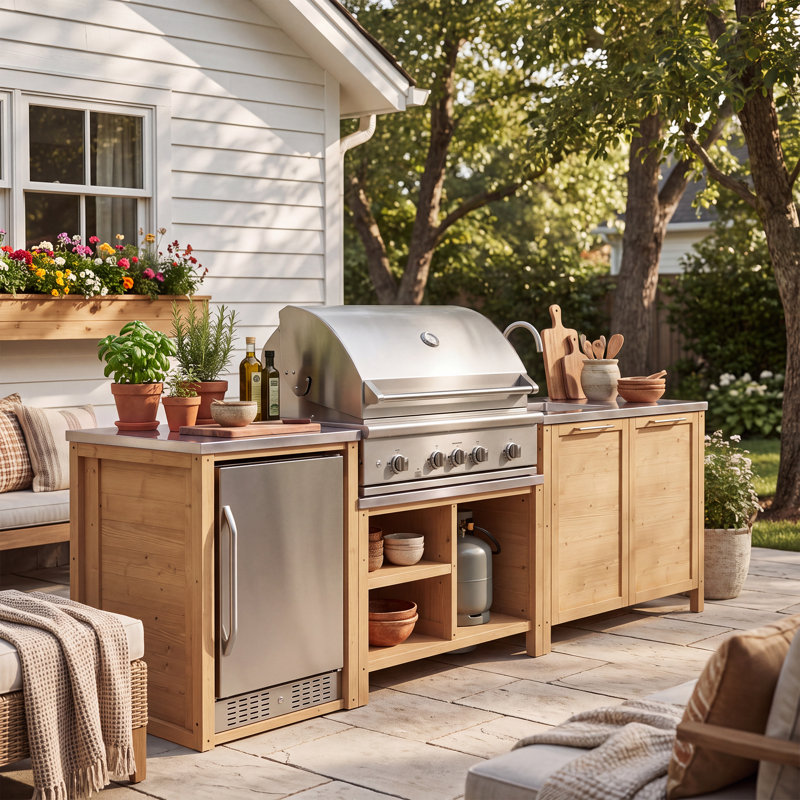 Ensemble de cuisine extérieure 3 pièces en cèdre naturel avec évier, espace barbecue et meuble réfrigéré, Brun