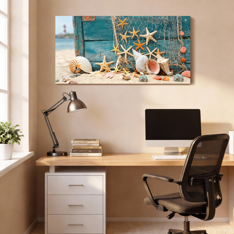 Ensemble de 1 tableau sur toile tendue représentant un coquillage, une étoile de mer et un filet de pêche, 4020