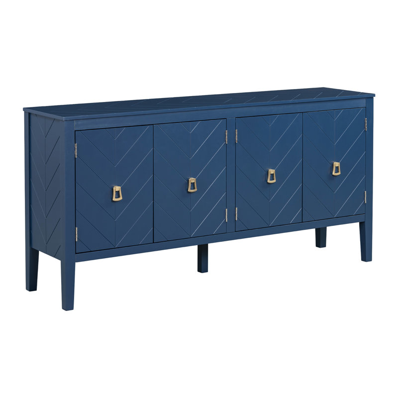 Buffet bleu marine avec motifs géométriques captivants et poignées en métal rétro élégance intemporelle en bleu, motifs, poignées rétro,