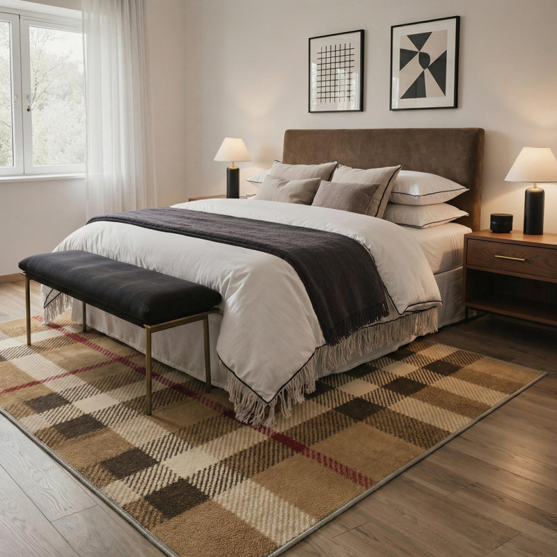 Modern Plaid Machine Washable Brown/Beige/Red Indoor Area Rug With Non-Slip Backing, Rectangle 8' x 10'