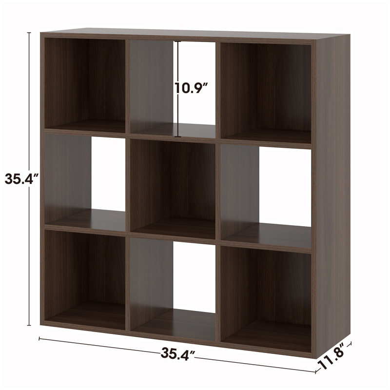 Ebern Designs Bookcase, 9 Cube Open Storage Organizer Display Bookshelf, Walnut, (4 Shelves) 35.4" H x 35.4" W x 11.8" D