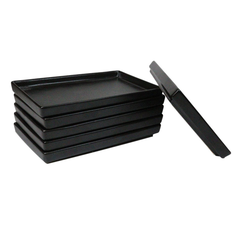 Pack Of 6 Black Kokuyo Ceramic Rectangular Sushi Plate Raised Straight Edge