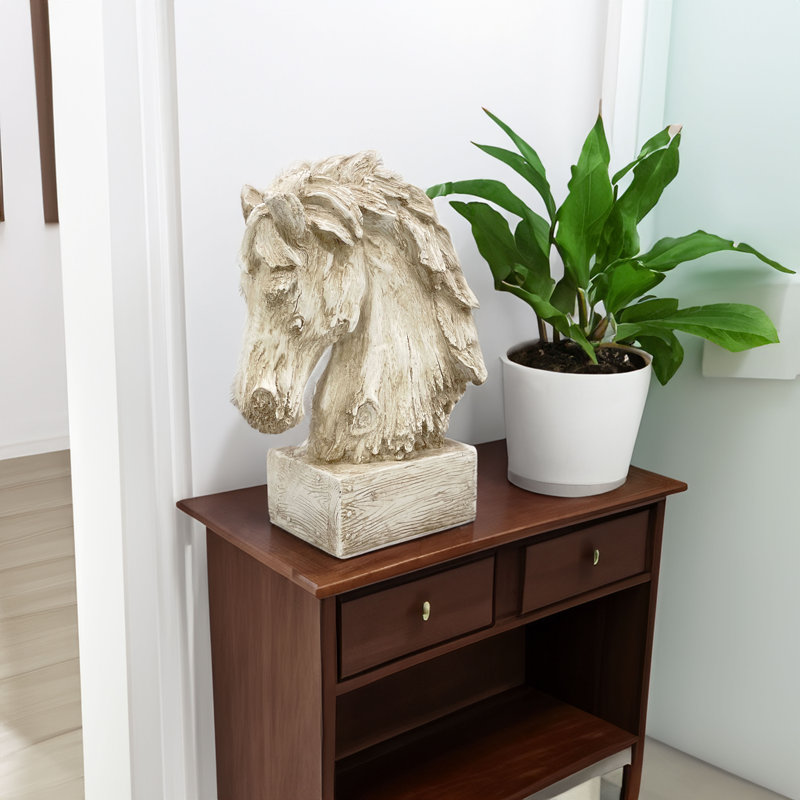 18" Horsehead Wood-Like Carving Statue Centerpiece, Naturel