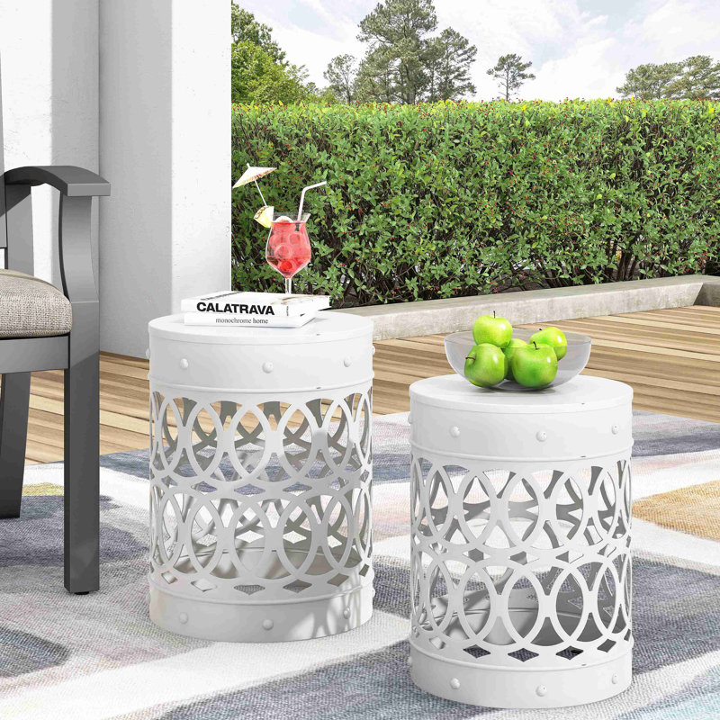 Ensemble de 2 tables de bout d'extérieur en métal, 2, White
