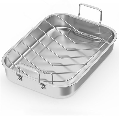 Plat à rôtir de 39,6 cm avec grille en V, plat à lasagnes rectangulaire avec poignée, rôtissoire antiadhésive en acier inoxydable pour dinde, poulet, légumes, lasagnes, robuste et compatible lave-vaisselle