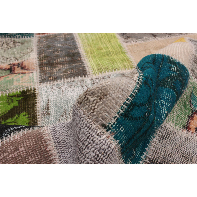 Tapis de couloir en laine noué à la main New Age de conception unique 2 pi 9 po x 9 pi 7 po Tapis décoratif en gris clair/vert/jaune