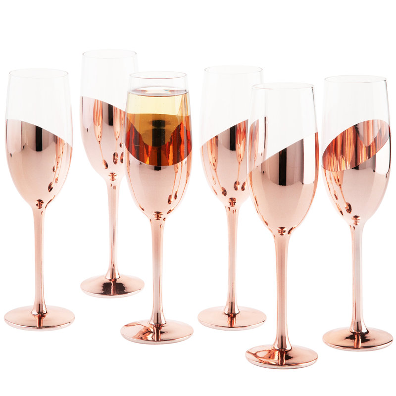 Set of 6 Rose Gold Stemmed Champagne Flute Glasses