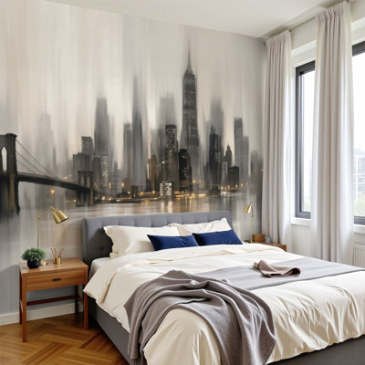 Peel and Stick Wallpaper Abstract Monochrome City Skyline Fog Bridge Wall Murals 100"H x 144"W Removable PVC Wall Paper Self-Adhesive Wall Decor for Bedroom Living Room Home Office