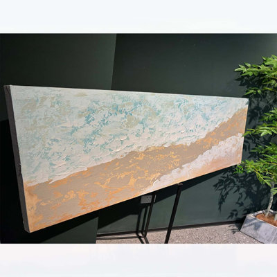 Tableau sur toile 61 x 122 cm, paysage de plage aux tons neutres, peinture côtière épaisse et texturée peinte à la main, décoration bleu turquoise et beige pour le salon, prêt à accrocher