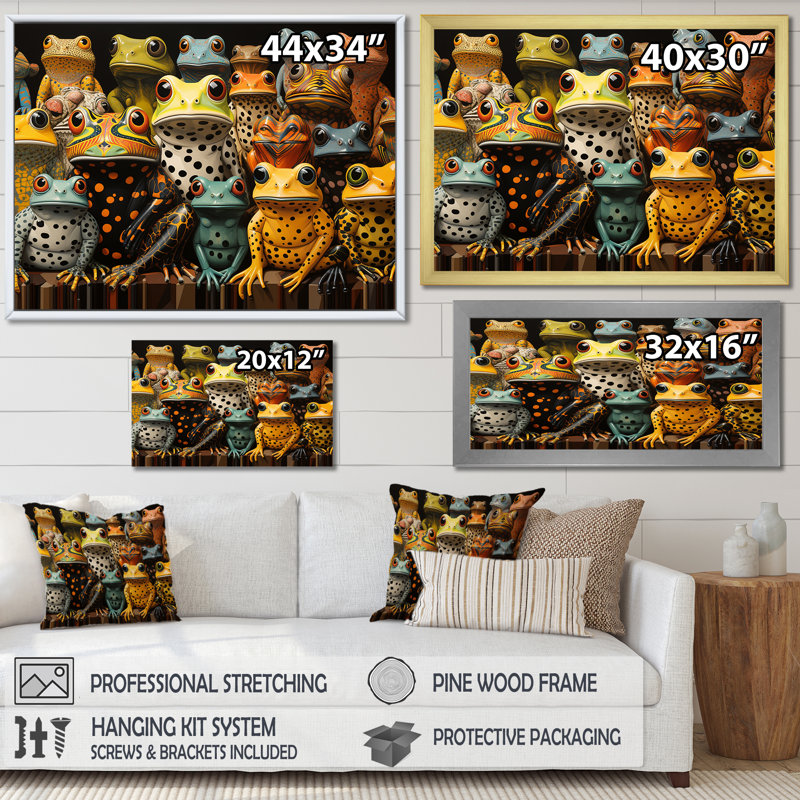 «Multicolor Pop Art Frogs I», reproduction d'art sur toile, H 24 po x l 32 po x P 1 po, Cadre naturel flottant