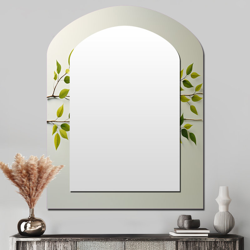 Green Ferm Simple Collage - Leaves Arch Unique Wall Mirror, Traditional Asymmetrical Mirror, Printed Metal Art, 43" x 33"