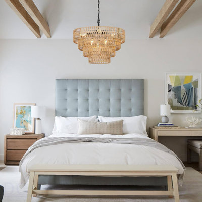 Boho Rattan Chandelier, 6-Light Dining Room Light Fixture, Wicker Pendant Lighting With 4-Tier Woven Lampshade, Large Farmhouse Chandeliers For Dining Room Bedroom Kitchen Living Room(20")