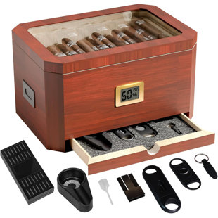 Premium Cedar Log Cigar Humidor, Large Capacity (50-80 Cigars) with Digital Hygrometer, Humidifier & 5 Free Accessories, Spray-Painted Surface for Cigar Storage