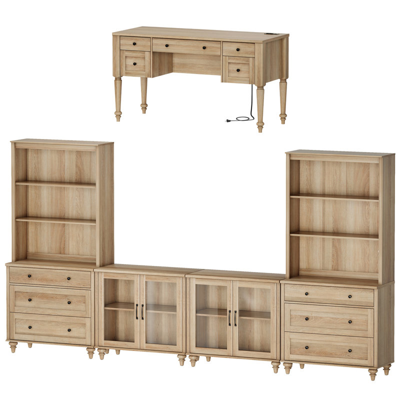 Farmhouse Style Desk And TV Stand Combo Set, Entertainment Center With Bookshelves For Tvs Up To 75", Glass Storage Cabinet,Writing Desk With 5 Drawers For Home Office And Living Room, Oak