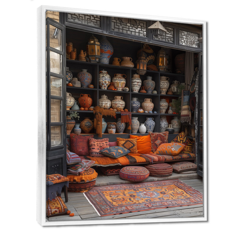 Art bohémien bazar orange et gris - Art mural, Cadre flottant blanc, H 24 po x l 32 po