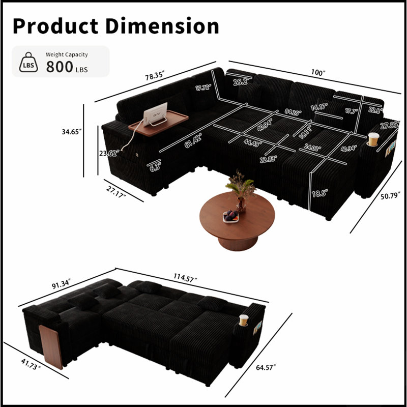 Canapé-lit en velours côtelé en forme de U de 254 cm (100 pouces) avec ports USB, tablette, porte-gobelet et très grand espace de rangement