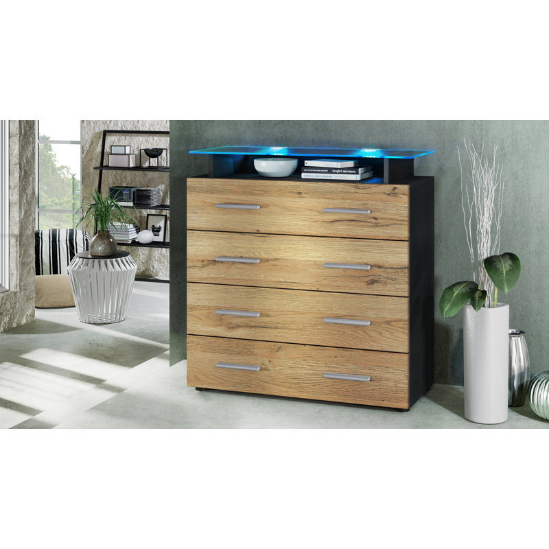 Mazur 4 Drawer 76cm W Chest, Black/Oak Nature, With LED