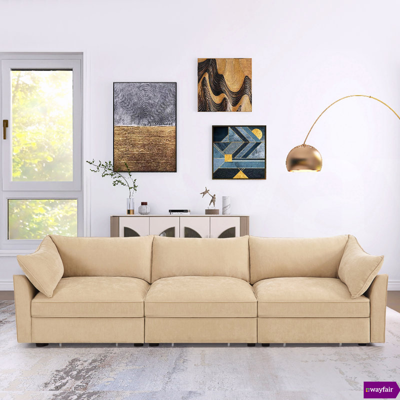 Wauseon 112.6"W Chenille 3 - Seater Sofa , With Pull - Out Storage Drawers Under Each Seat，Armrest Crescent Design.