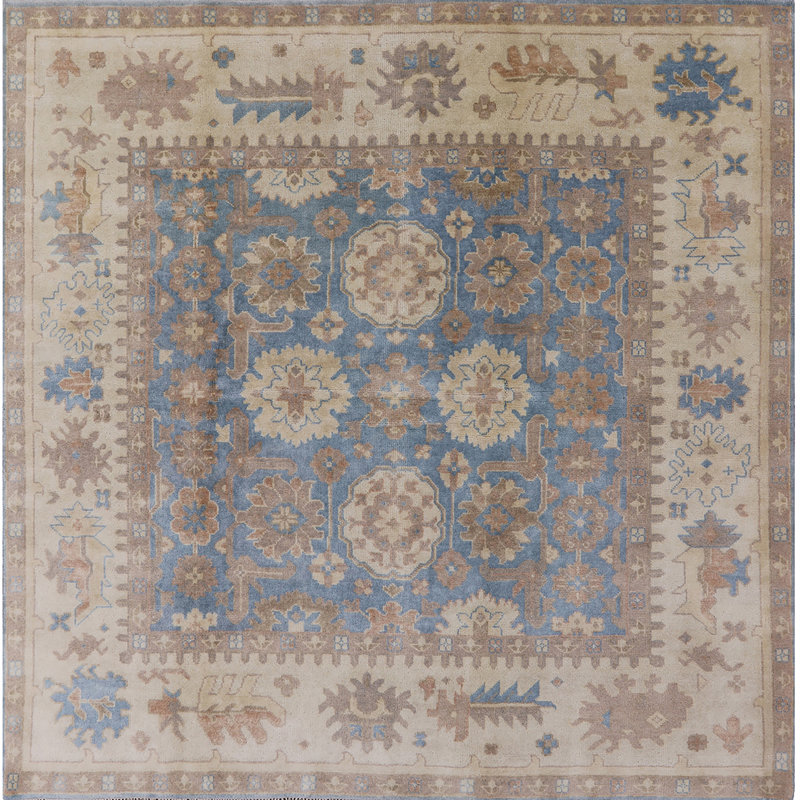 Tapis oriental beige / brun / bleu, Carré de 7 pi
