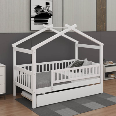 Lit de maison en bois avec lit gigogne simple, cadre de lit en bois avec toit et barrière de sécurité